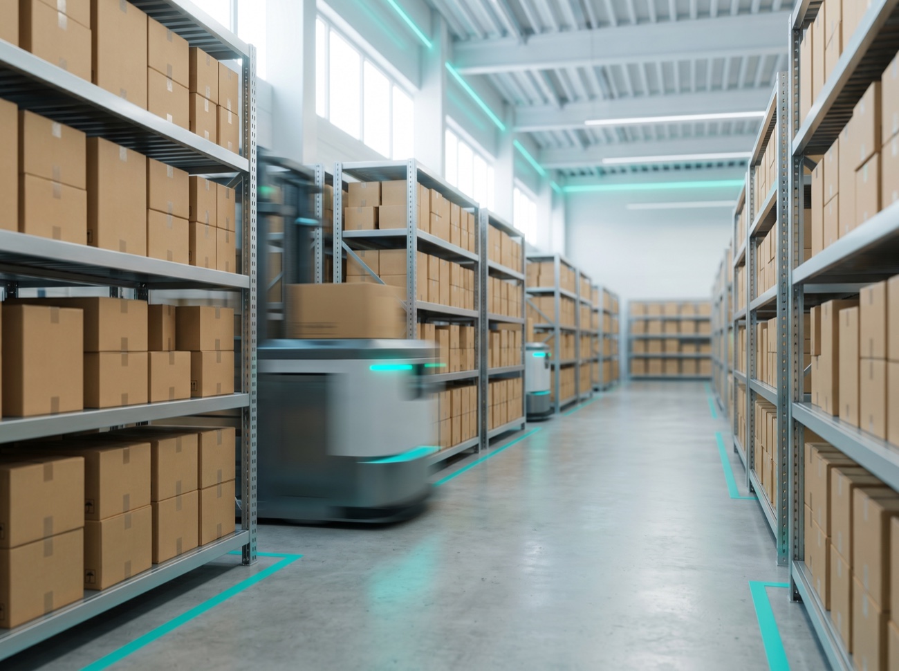 A modern fulfillment warehouse, stocked and in motion
